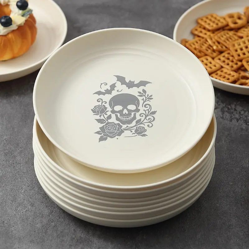 Gothic Skull Rose Plates Set, Tableware Set, Durable Lightweight Shockproof, Laser Engraved Round Plastic Dinnerware, Plastic Food Plates, Party Plates, Decorative Plates, Perfect for Easter, Day of the Dead, May Festivals