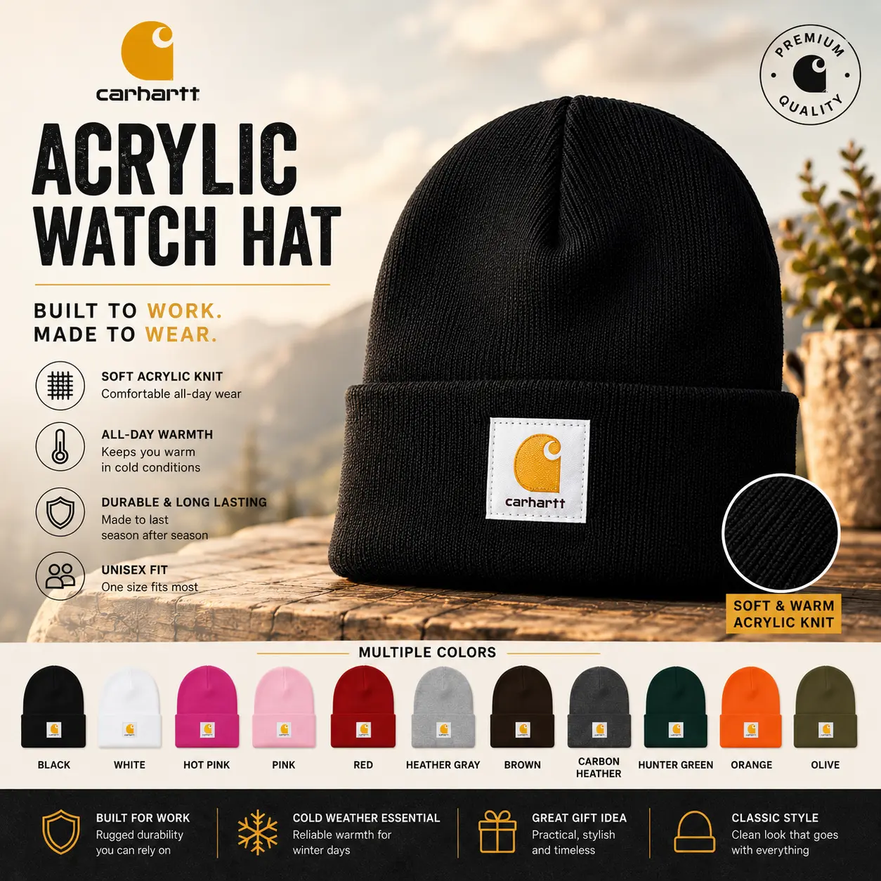 Carhartt Beanie for Men Women, Acrylic Watch Hat, Warm Winter Knit Cap, Stretch Cuffed Skull Beanie, Outdoor Cold Weather Hat, Fashion Streetwear Workwear Beanie, Comfortable Everyday Wear, One Size Fits Most Adults