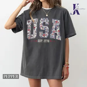 Floral 4th of July Comfort Colors Shirt - Floral USA, American Girl & Patriotic Women Shirt - USA Est 1776 - Girly Design Top Womenswear
