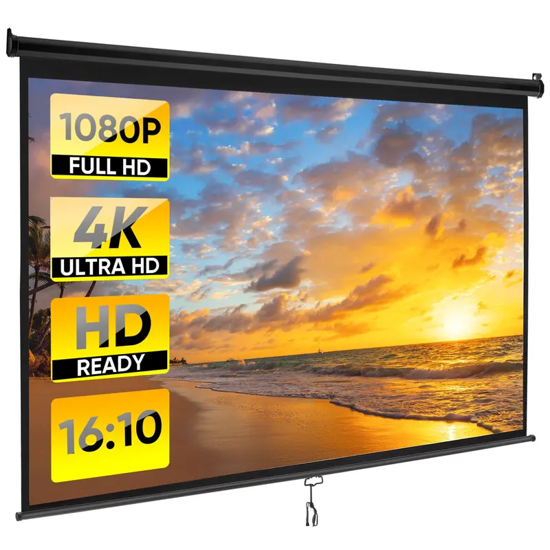 Segawe 100in 16:10 HD Durable Casual Projection Screen - 13.56 lbs, Adjustable, Auto-Lock, Manual Operation, 160° Wide Viewing Angle, Audio Support, Lanyard, Ropes, Portable, Black - for Home Theater, Churches