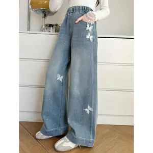 Girls' Jeans with Butterfly Pattern, Children's Straight-Leg Wide-Leg Pants