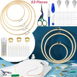 [Starter Kit with Bamboo Hoop] 53Pcs Cross Stitch Tool Embroidery Starter Kit,Includes Bamboo Circle Cross Stitch Hoop Ring,Vintage Sewing Scissors,Needle-Threading Tools,Thimbles,Floss Bobbins,Seam Ripper And Embroidery