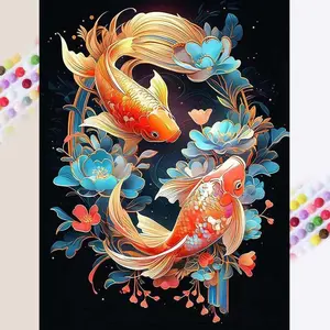 Koi Fish & Flower Pattern DIY Diamond Arts Colorful Painting Kit without Frame, DIY 5D Diamond Arts Colorful Painting Kit, Wall Art Decor for Home, Diamond Painting Kits