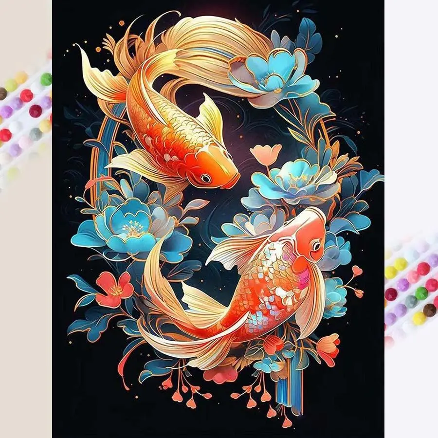 Koi Fish & Flower Pattern DIY Diamond Arts Colorful Painting Kit without Frame, DIY 5D Diamond Arts Colorful Painting Kit, Wall Art Decor for Home, Diamond Painting Kits Crafts