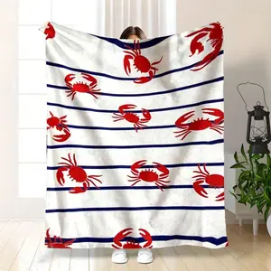 Nautical Crab & Stripe Flannel Throw Blanket - Soft 280gsm French Style Bedspread Suitable All-Season Use, Cozy Bed Covering Home, Car, Camping, Travel - Multi-Purpose Bedding Accessory