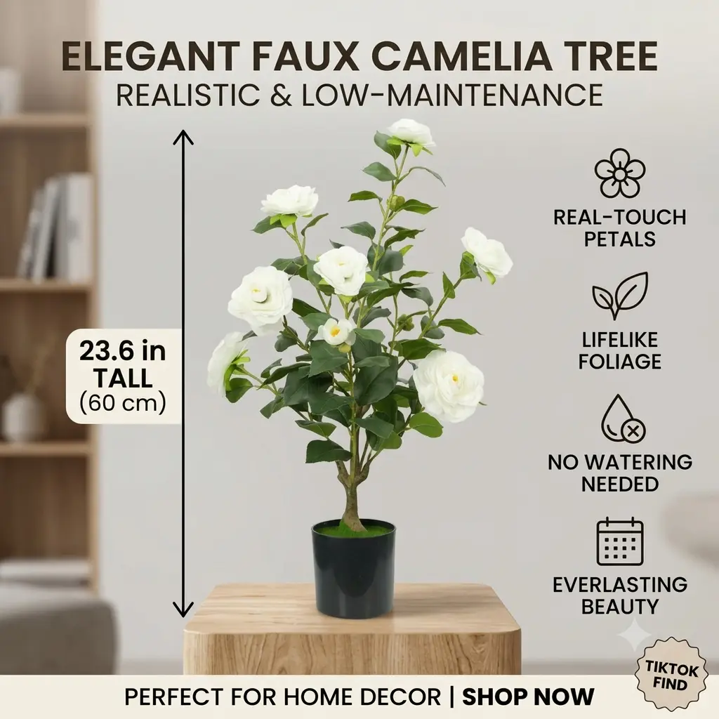 23.6-in Faux Camellia Tree (No Vase) - Decorative Artificial Shrub with Potted Floral Design, Home Decor Items, Living Room & Entryway Accent, Faux Camellia Flowers for Indoor Spring Display & Outdoor Porch/Front Doors