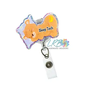 Sleep Tech Napping Bear Badge Reel – Handmade Retractable ID Holder for Nurses, Sleep Techs, Respiratory Therapists – Custom Badge Clip, Sleep Medicine Accessory, Healthcare Worker Gift