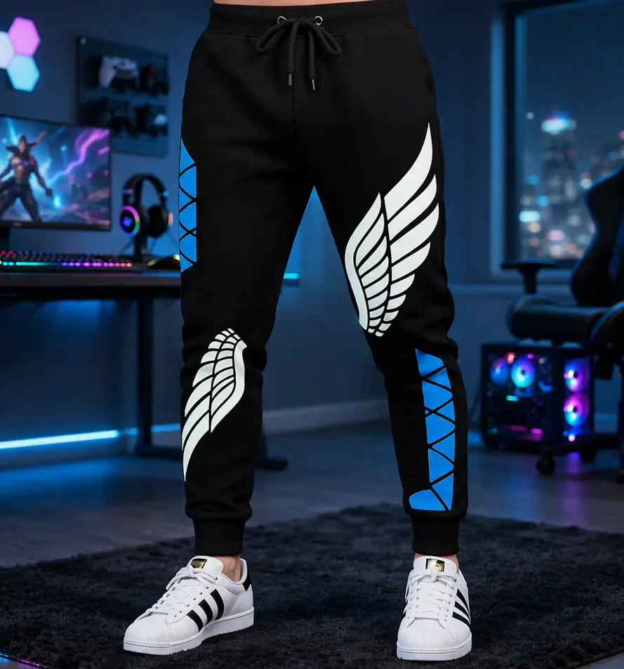 Black Sweatpants with White Wing Design and Blue Accents for Men