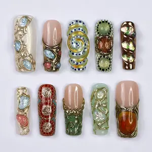 SUMMER Collections 10Pcs Handmade Press On Nails REUSABLE Gel Acrylic Nails, Full Cover Press On False Nails, Beach Summer Shell Vibes