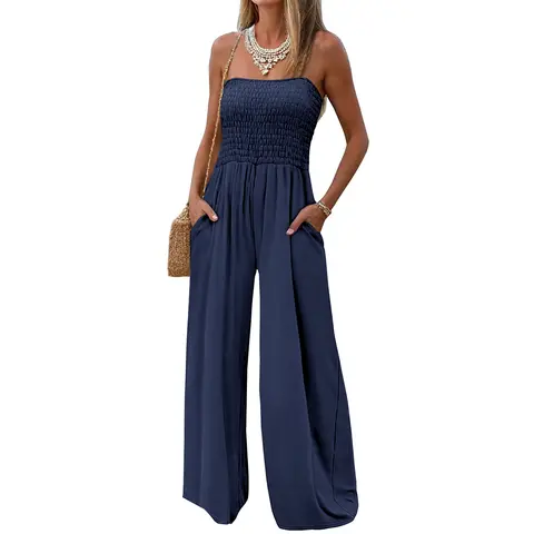 AUXDIO Women's Solid Stretchy Pleated Tube Jumpsuit - Strapless Halter Neck, Smocked Sleeveless, Loose Off-Shoulder, Wide-Leg Romper with Pockets for Birthday, Wedding