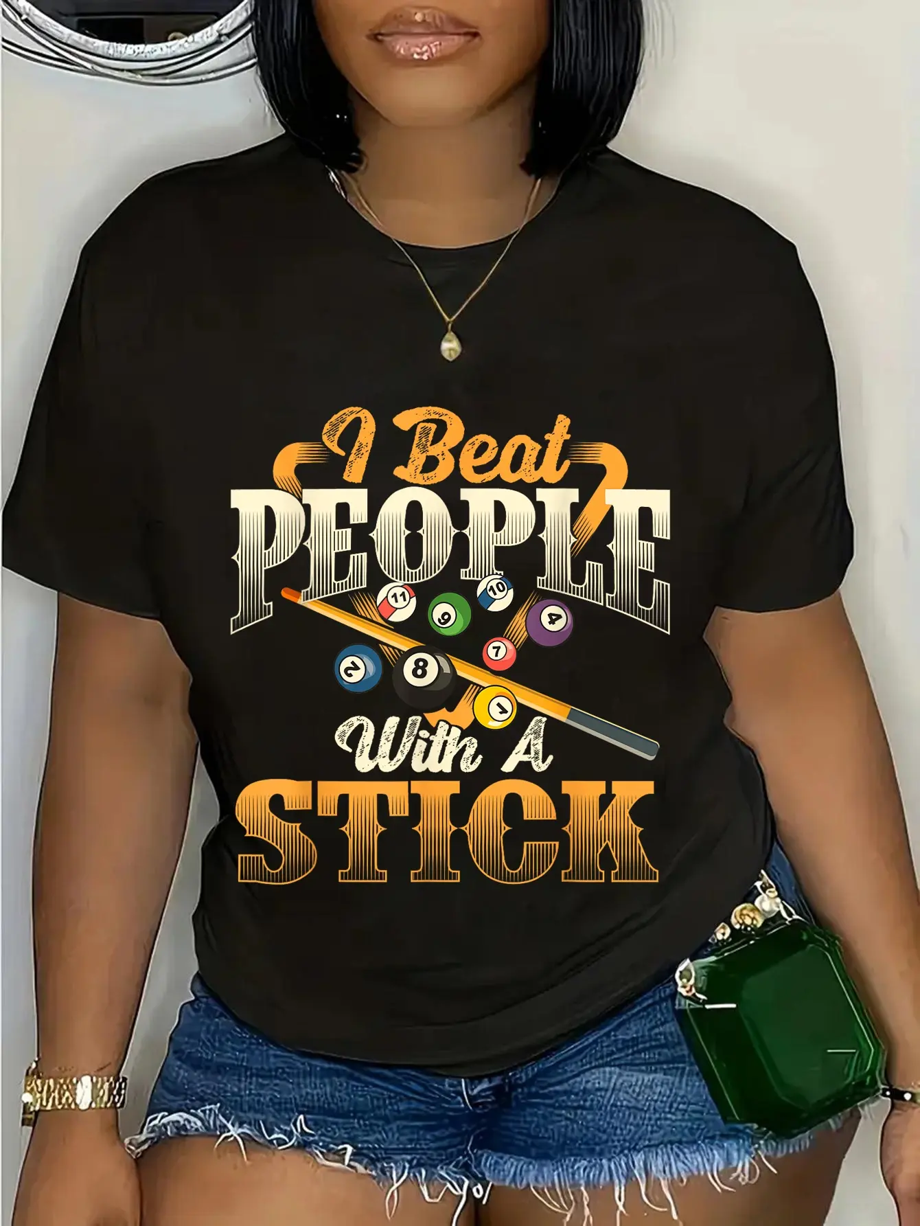 Women's 100% Cotton Short Sleeve Crewneck Casual Everyday Graphic T-Shirt, Billiards 8 Ball Player Design - "I Beat People With A Stick" Funny Pool Top, Shortsleeve, Round Neck