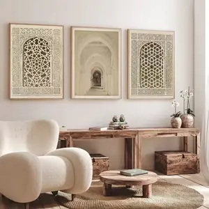 3pcs Islamic Mosque Window Canvas Poster Islamic Theme Muslim Architecture Architectural Motifs Geometric Patterns Religious Artistry Wall Art Frameless Hanging Painting Living Room Home Decoration Gift