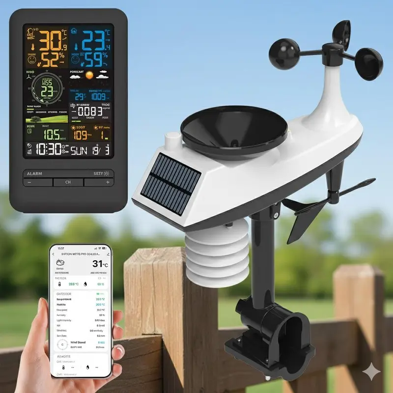 Smart Home Weather Station with Wireless APP Sync, Auto-Calibrated Calendar, Indoor Outdoor Thermometer Hygrometer, Anemometer Rainfall UV TVOC Sensor, Dual Alarm Night Light, Professional Forecast Gear for Camping Travel Safety