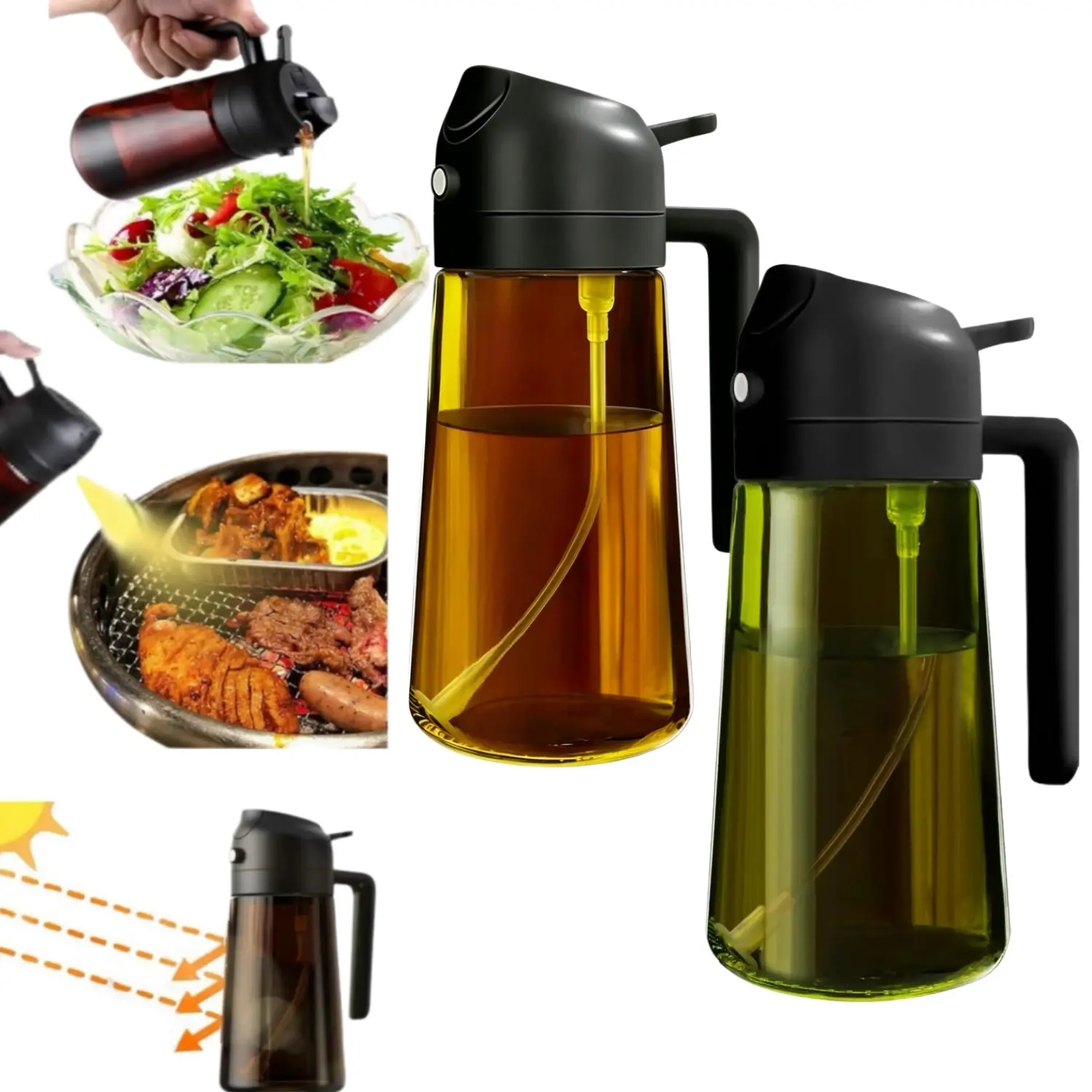 2 Pack Oil Sprayer for Cooking, 2-in-1 Olive Oil Dispenser and Sprayer, with 5 Includes Label Stickers 16oz Glass Oil Spray Bottle for Kitchen, Air Fryer, Salad, BBQ, Grilling