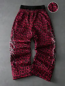 Men's Y2K Leopard Print Wide Leg Pants, Casual Street Style High Waist Trousers with Elastic Waistband, Perfect for Daily and Party Wear, Casual Streetwear Trousers
