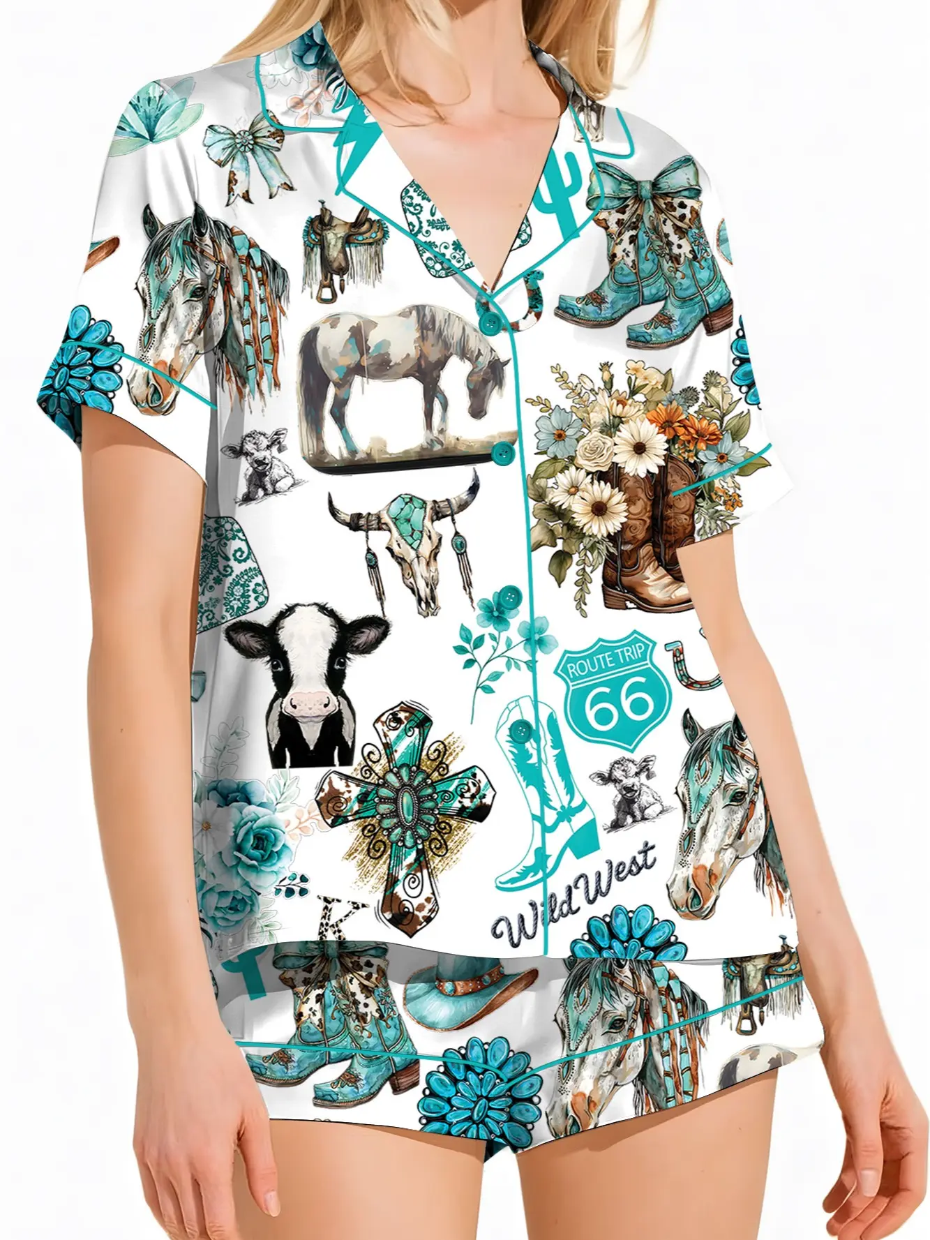 Western Cowgirl Pajama Set, Cowgirl Aesthetic Pajama Satin Set Turquoise Horses, Boots & Cactus Satin Pajamas