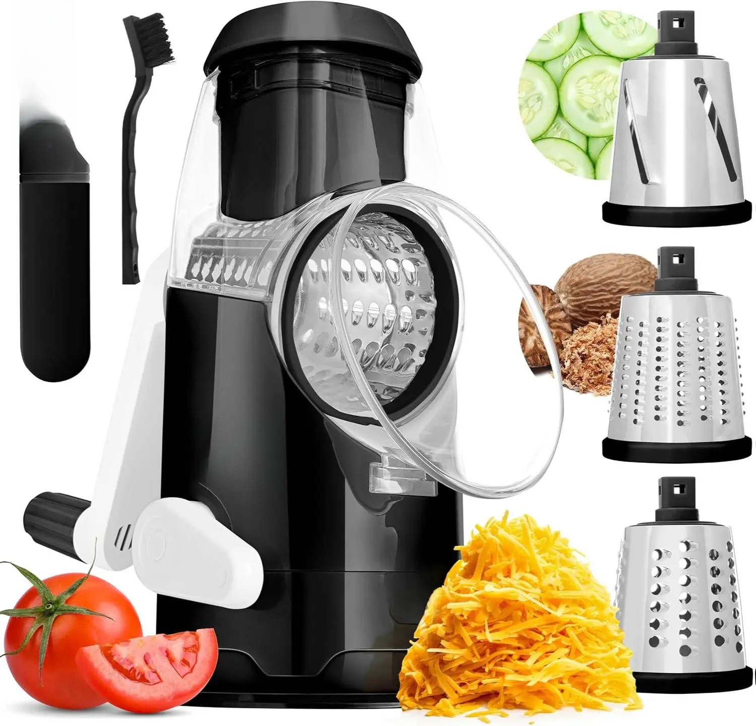 The Rotary Cheese Grater and Mandoline Slicer, Featuring a Comfortable Handle, 3 Interchangeable Stainless Steel Drum Blades, and a Bonus Peeler, Perfect for Vegetables,.