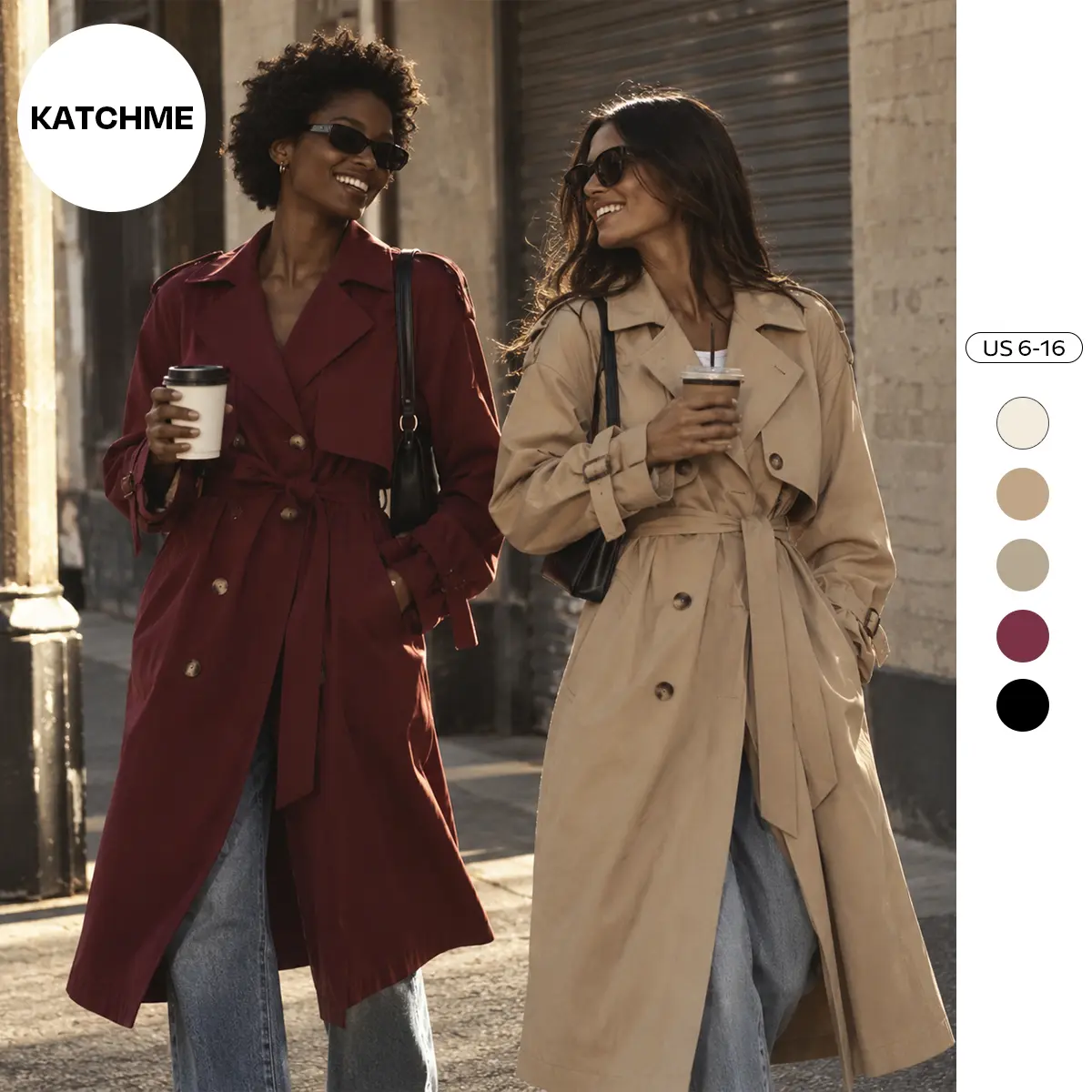 Katch Me Chic Women's Solid Classy Notch Lapel Double Breasted Belt Decor Trench Coat, Versatile Plain Outerwear for Lady Streetwear, Minimalist Outfit