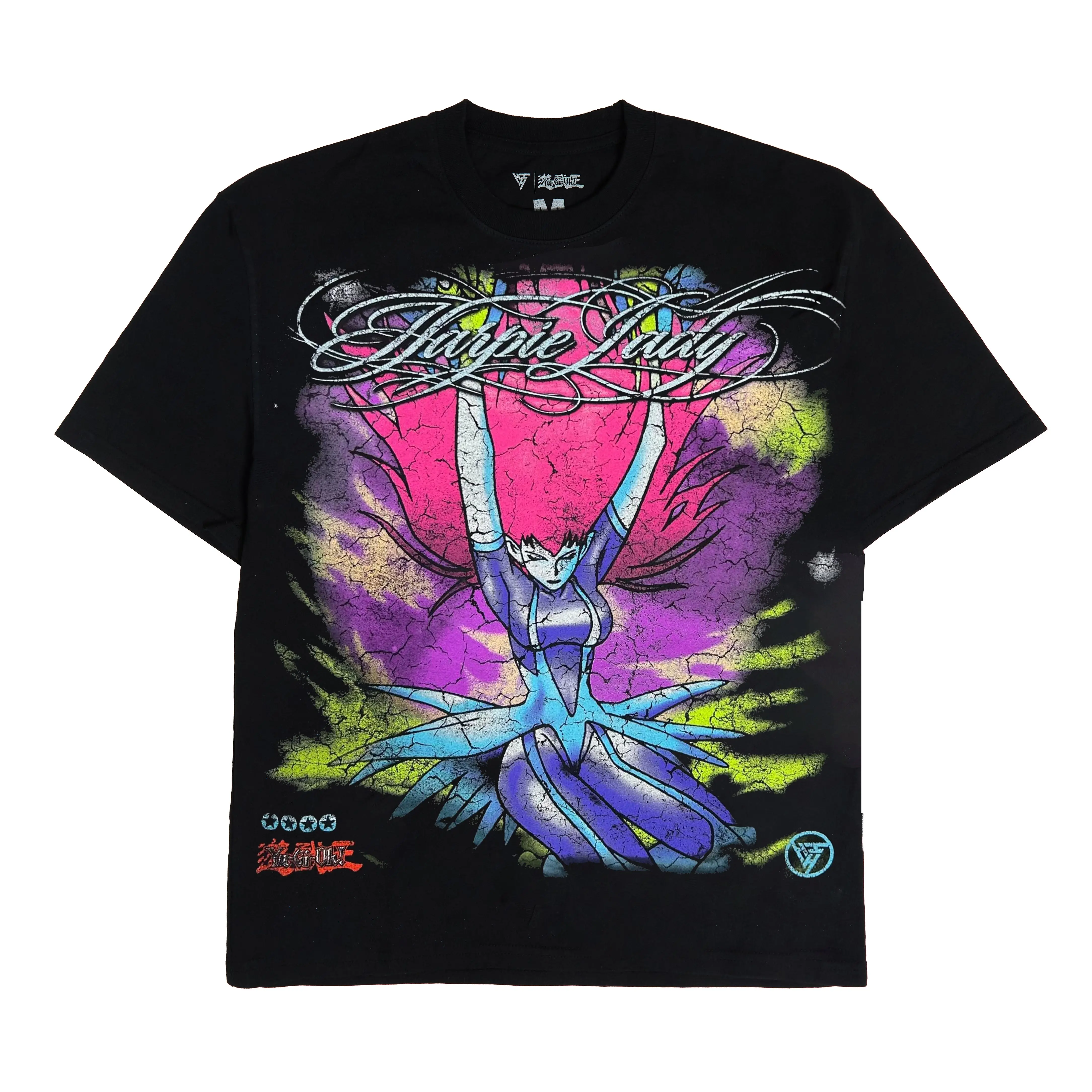 Women's Cotton Short-Sleeve Round Neck Yu-Gi-Oh Harpie Lady Jumbo Print Graphic T-Shirt - True Fit Black Collaboration Top, Machine Washable Casual Womenswear
