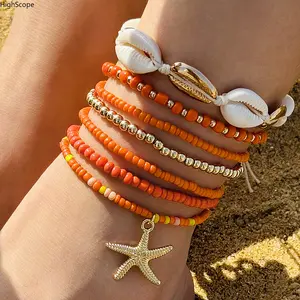 7PCS Handmade Boho Shell Anklet Set - Starfish Beaded Anklets for Beach Sports, Outdoor Activities