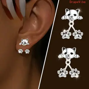 Silver Tone Cat Paw Dangle Earrings Cute Cartoon Style Hypoallergenic Jewelry For Women Daily And Party Wear