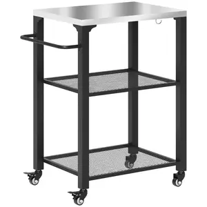 3-Shelf Outdoor Grill Cart with Stainless Steel Tabletop Movable Pizza Oven Table with Hooks Side Handle Wheels Heavy Duty Structure 22" x 16.1" Tabletop 66 lbs Capacity
