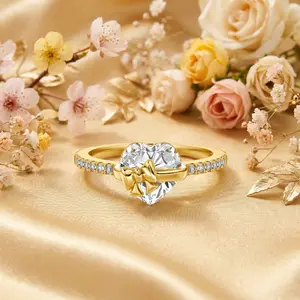 Romantic Gold Heart Bow Promise Ring, Full Diamond Engagement Style Ring, Gift for Her Anniversary Birthday Girlfriend Wife, Rings For Women, Anniversary Gifts For Her