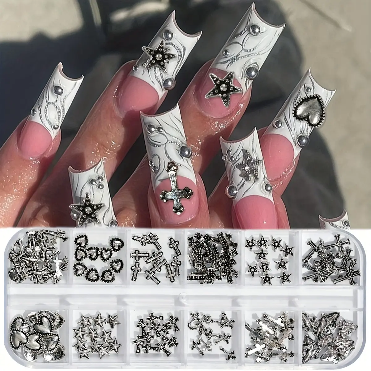 Vintage Cross Alloy Nail Art Decorations, Heart and Star Metal Ornaments, 12 Grid Design, Perfect for Women, Stylish Accessory, Nail Art Supplies, Nail Art Diy, Diy Nails Art