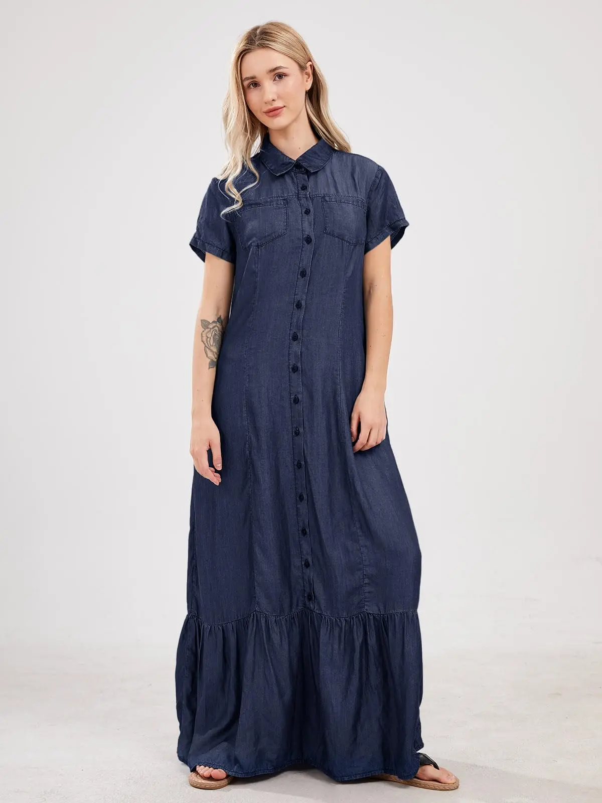 utcoco Womens Short Sleeve Denim Maxi Dress Casual Loose Fit Button Down  Long Jean Dresses - TikTok Shop