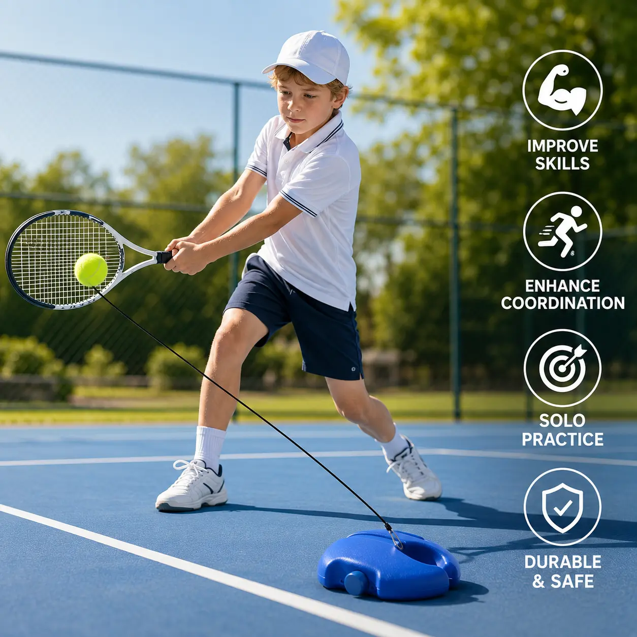 Tennis Trainer Set with 2 Rebound Tennis Balls, Portable Solo Practice Trainer for Adults & Kids, for Backyard, Park & Outdoor Training