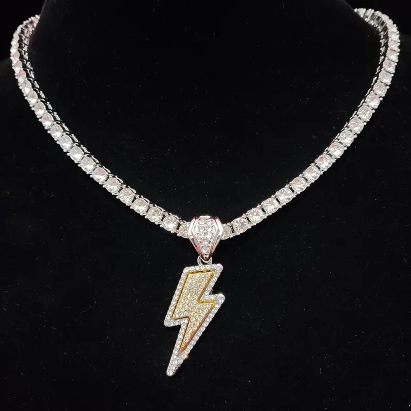 Y2K Trendy Rhinestone Lightning Shaped Pendant Chain Necklace for Men & Women, Hip Hop Street Jewelry As Gift, Fashion Cute Jewelry for Daily Outfit, Zinc Alloy Craftsmanship, Rhinestone Decorated Necklace