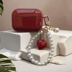Deep Red Glossy Earbud Protective Case with Pearl Heart Wrist Strap - Anti-Drop & Scratch-Resistant Cover for Wireless Earphones