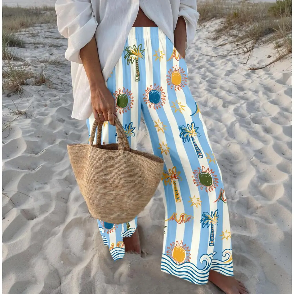 Women's Seaside Resort Tropical Island Striped Wide-Leg Pants - Elastic Waistband, Polyester Print Design, Lightweight, Breathable, Comfortable Style, Ideal for Beach, Everyday Casual Wear, Shirt, Cropped