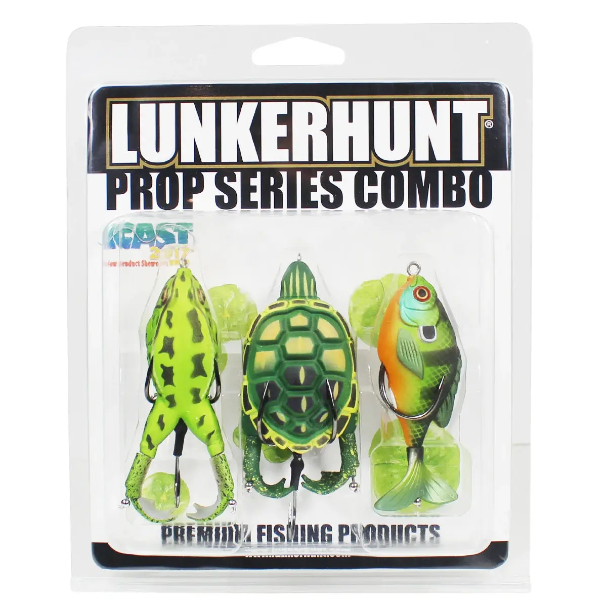 3-Piece Topwater Prop Lure Assortment Pack, ICAST Award-Winning Hollow Body Designs Featuring Turtle, Frog, & Sunfish, Weedless Rigged for Bass Fishing, Topwater Fishing, Artificial Fishing Lure, Prop Shape