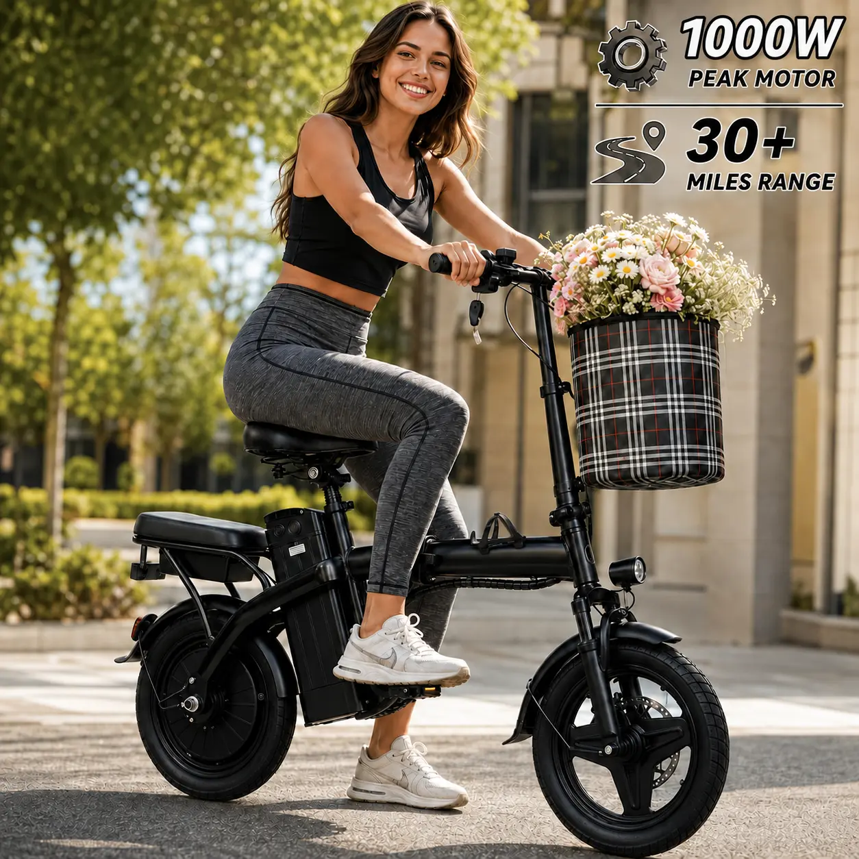 Urban Modern Compact Adult Folding Ebike - 1000W Peak Motor, 20MPH Top Speed, 30+ Mi Range, 48V Battery, Adjustable Commuting Electric Bike