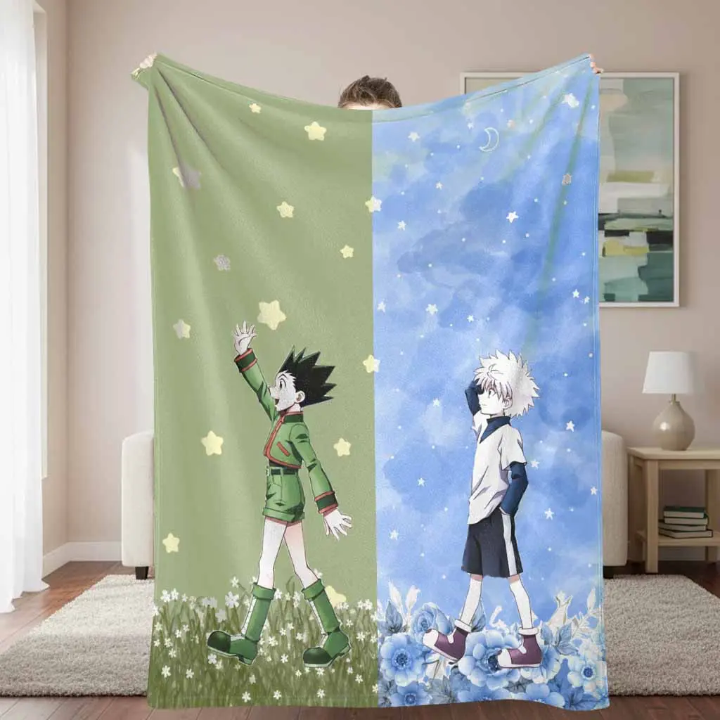 Anime Starry Floral Friends Flannel Blanket with Watercolor Moon Stars Flower Print Soft Cozy Lightweight Warm Plush Throw for Sofa Bed Dorm Travel Gift