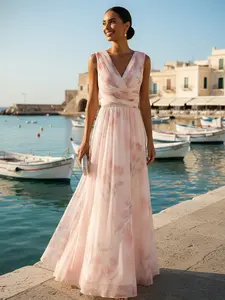 FEHAUTE Romantic Floral Chiffon Maxi Dress — Elegant V-Neck, Ruched Waist, A-Line Gown (Perfect for Summer Vacations)