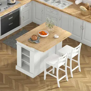 COSTWAY - 3-Piece Kitchen Furniture Set: Kitchen Island + 2 Bar Stools + Narrow Storage Cart