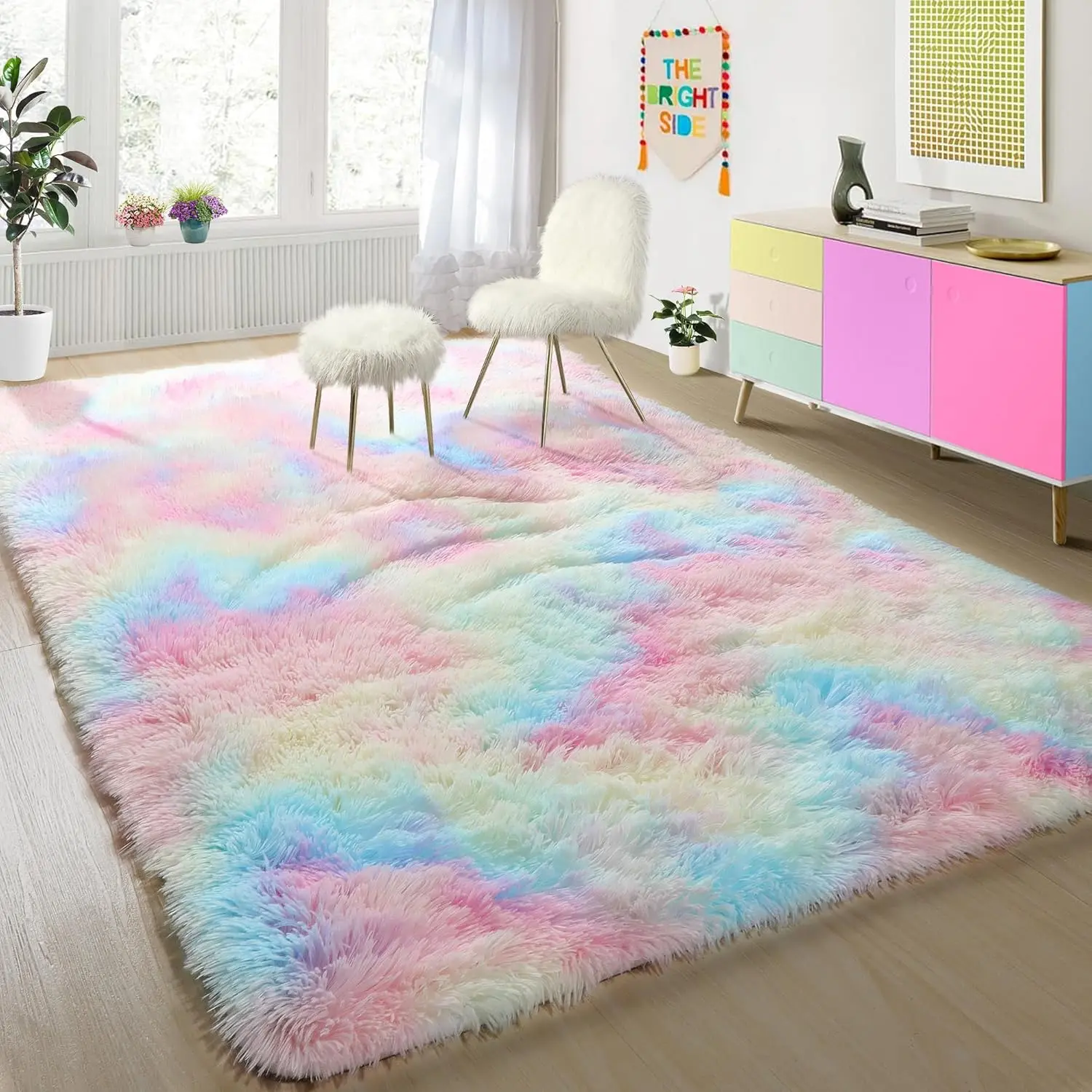 PAGISOFE 4x6 Rainbow Fluffy Soft Plush Area Rugs for Girls Bedroom, Shaggy Vibrant Rugs for Kids Playroom,Kawaii Princess Fuzzy Rugs for Nursery Baby Toddler,Cute Colorful Room Decor for Teenage