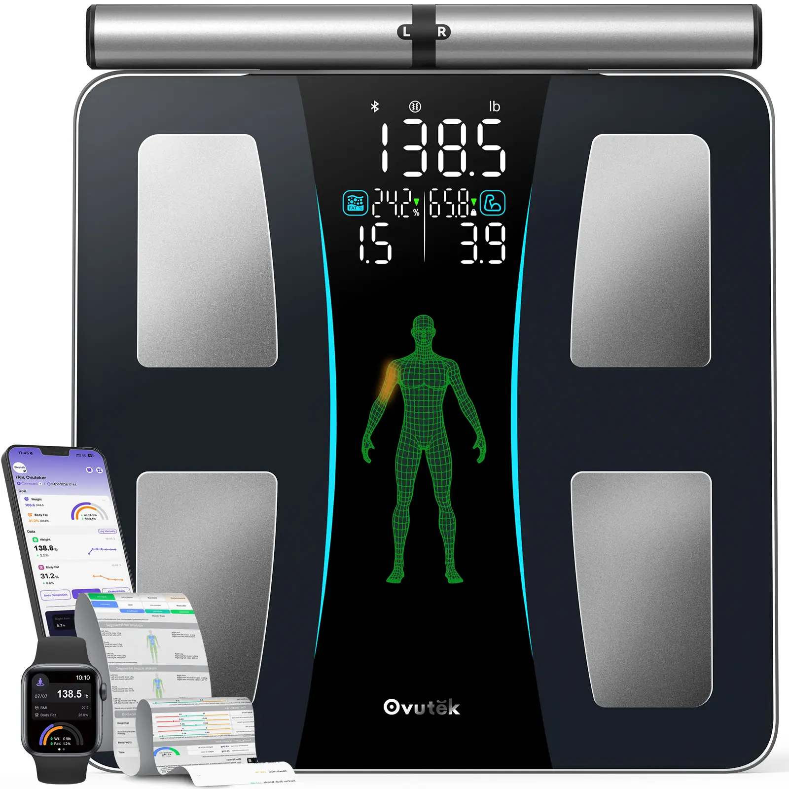 OVUTEK 8‑Electrode Smart Body Scale, 50+ Body Composition Metrics Segmental Body Fat Muscle Analyzer, Full Body Display Digital Weight Scale, Printable Report, Sync Apple Health Fitbit Google Fit for Fitness & Family, Max 400lb