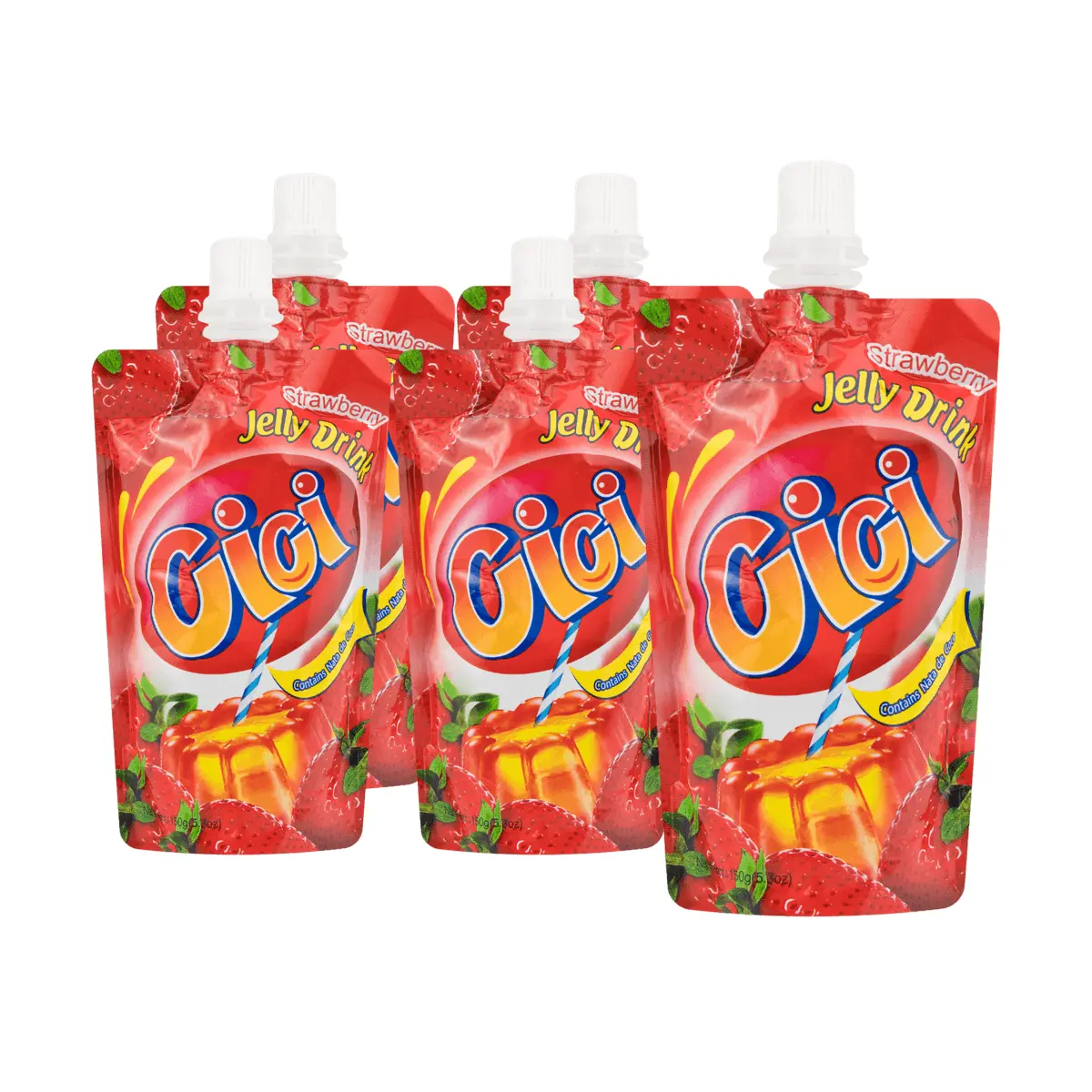 STRONGFOOD CICI Strawberry Jelly Drink with Coconut Jelly Bits, 5-Pack (150g Each) - Real Fruit Juice, Refreshing Snack