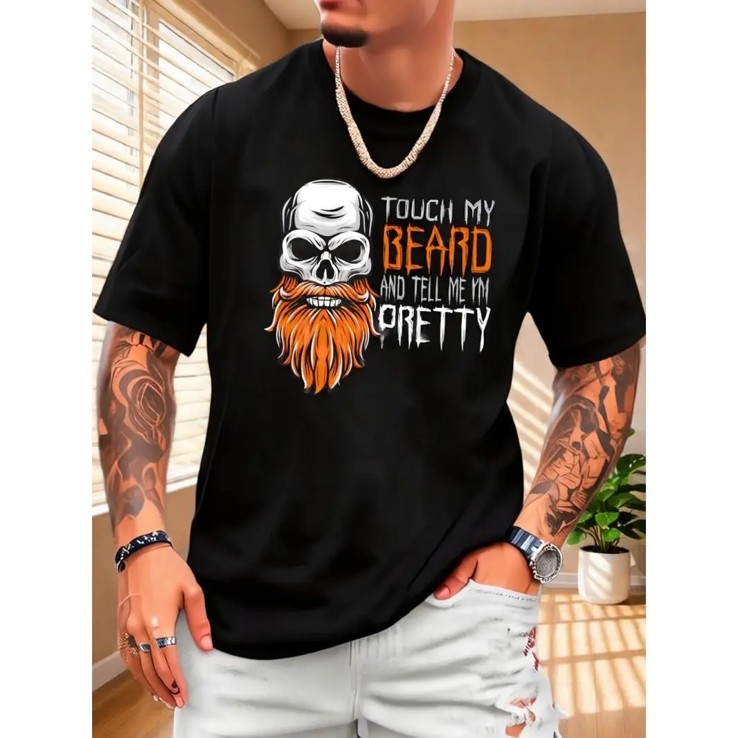 Men's Cotton Breathable Casual Short-Sleeve Crewneck T-Shirt - Funny Beard Skull Graphic, "Touch My Beard Pretty" Quote, Halloween Biker Gift for Bearded Guys, Tshirt, Shortsleeve, Fabric, Menswear, Round Neck, Smooth, Soft