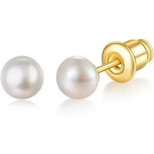 MINDDHA 14K Gold Plated Stud | Sterling Silver Hoop | AAA+ Quality Simulated Shell Pearl Stud Earrings | 5mm, 7mm Pearl