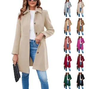 Women’s Elegant Single-Breasted Coat, Long Sleeve, Mid-Weight Wool Overcoat for Work/Office, Pea Coat Style, Basic Casual