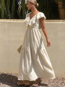 2026 Summer New European and American Style Flutter Sleeve Loose V Neck Apricot Dress for Women, Fashionable and Comfortable Evening Wear Cottagecore Boho White Dress | Elegant Ruffle Backless Maxi for Beach Vacation & Summer Party