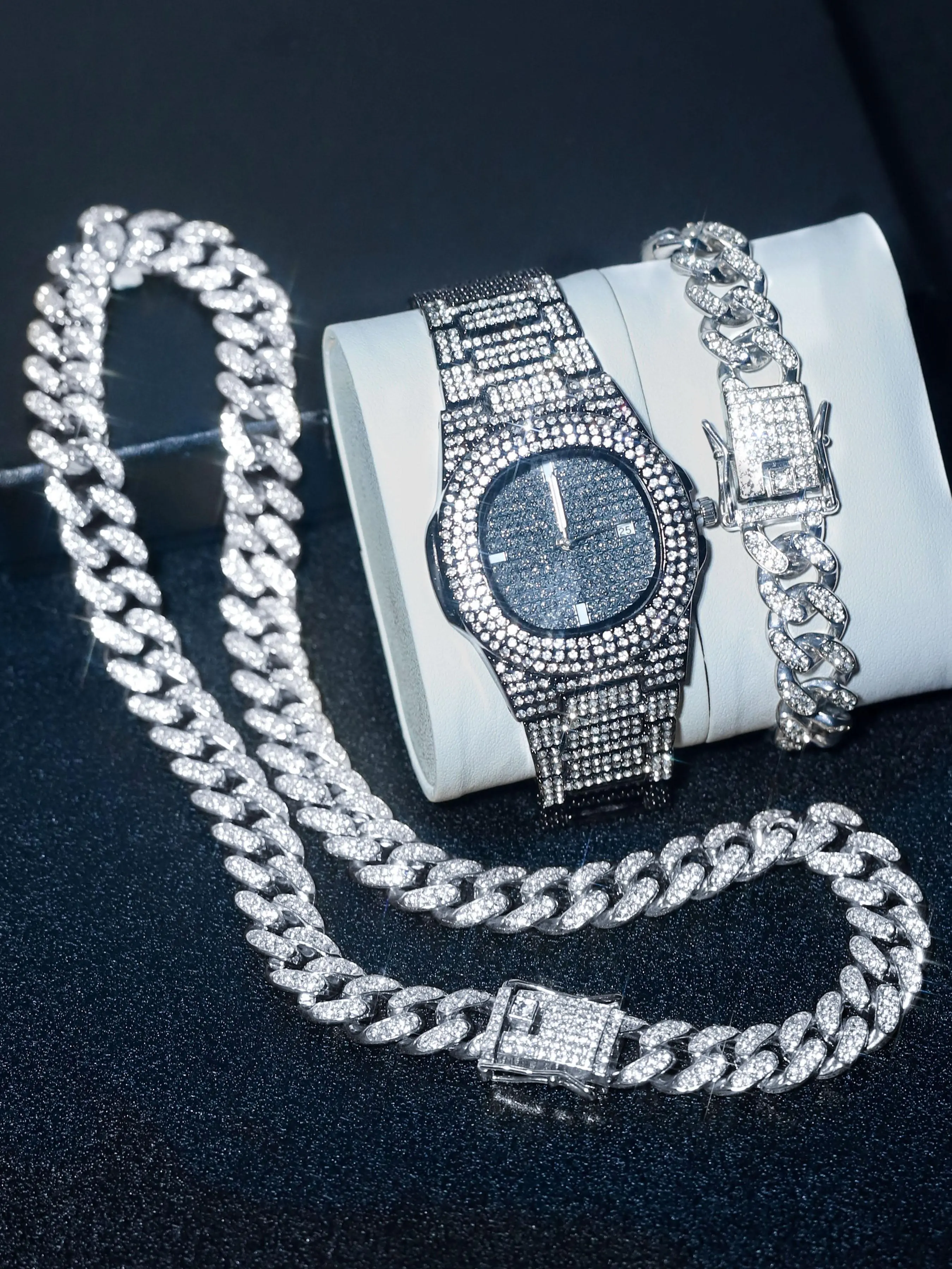 Men's Punk Style Quartz Watch & Cuban Chain Bracelet & Necklace Set, Fashion Rhinestone Decorated Quartz Watch & Jewelry Set, Hip Hop Jewelry Watch Set for Party, Daily Decor