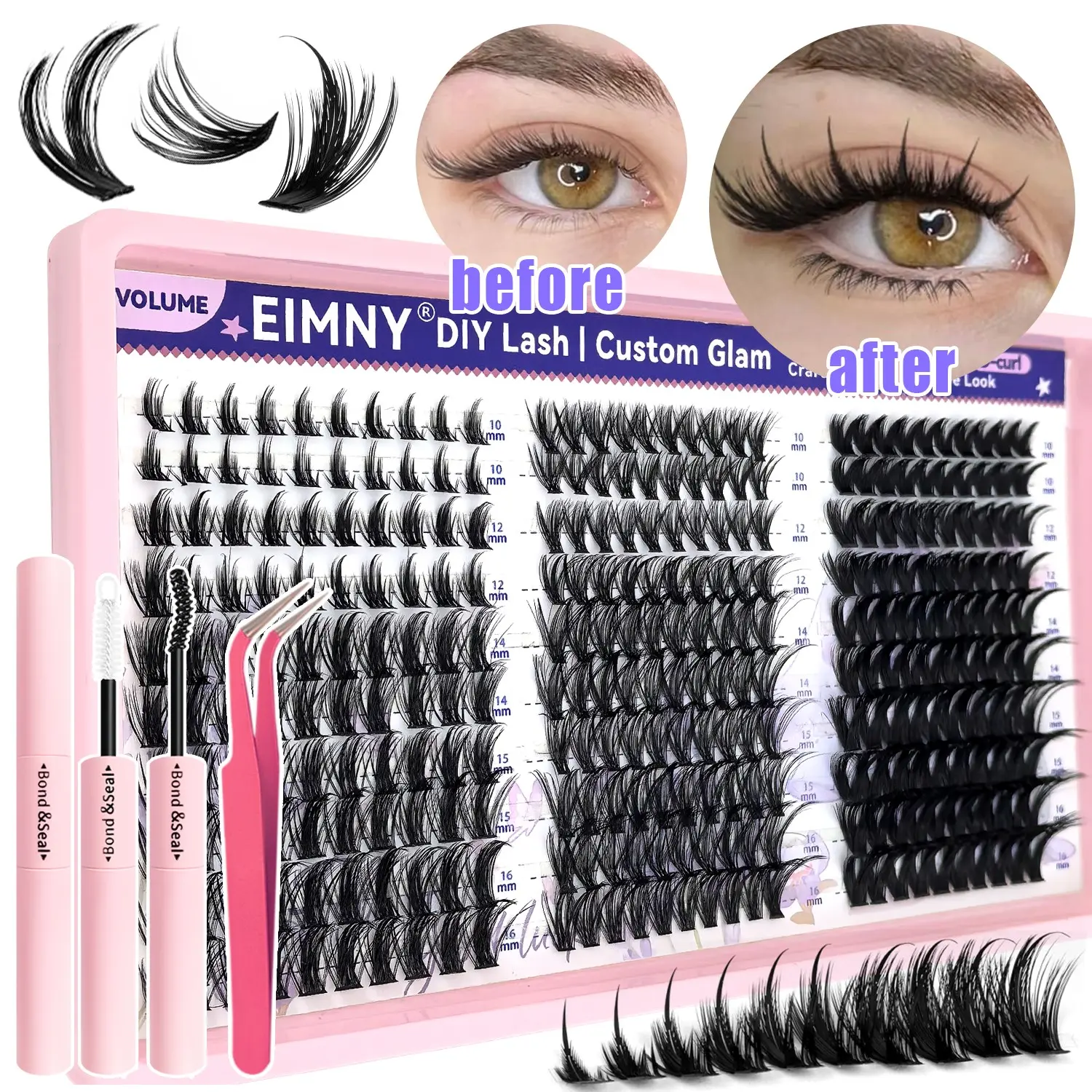 30 Rows of 300 Natural Lash Clusters Set, DIY Lashes Kit, Cosmetic False Lashes, Volume Eyelashes, Eyelash Extensions, Voluminous Look, Mixed Length 10-16mm, C-Curl, 0.07mm Thickness, Includes Adhesive & Tweezers