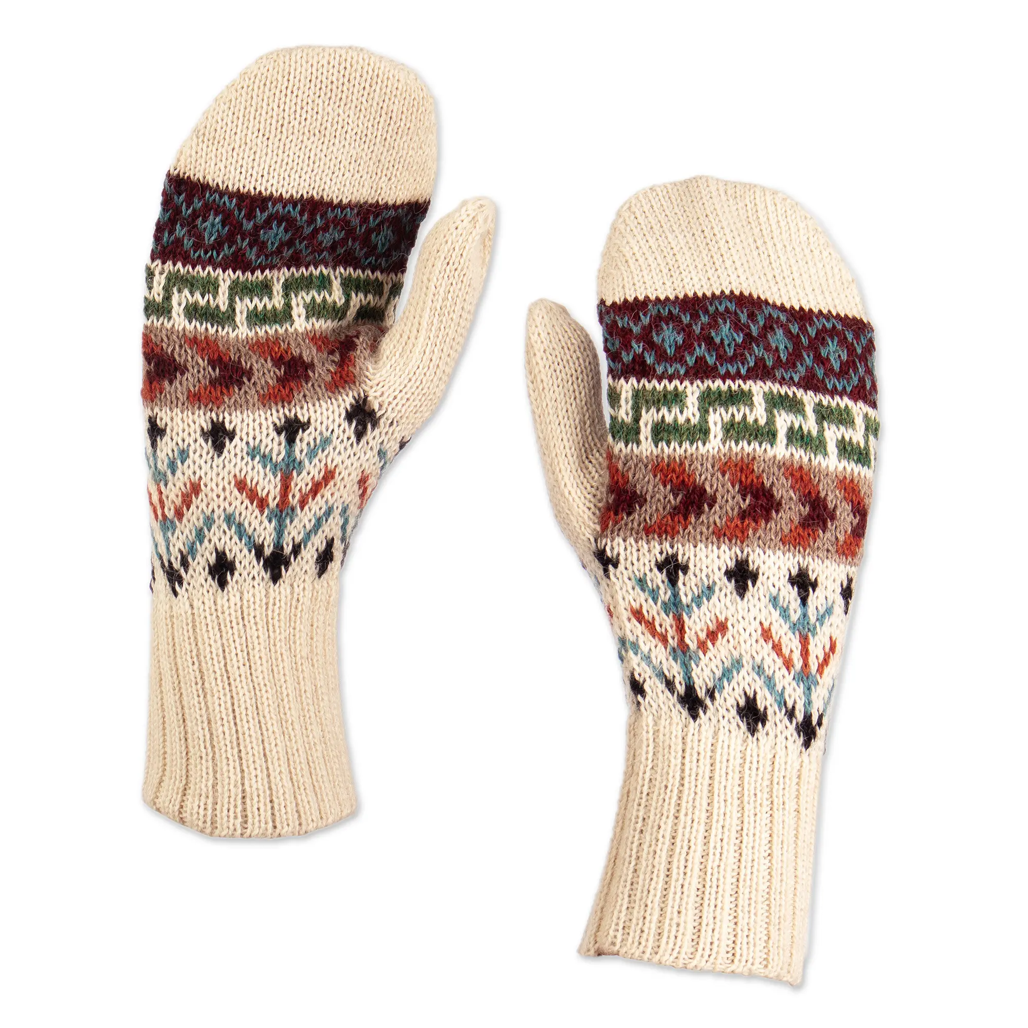 Novica Artisan Handmade Alpaca Wool Mittens Handloomed Traditional Andean Ivory From Peru Accessories Gloves Multicolor Patterned Woven 'Andean Nature'