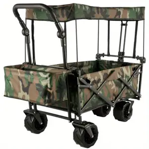 Collapsible Folding Wagon with Removable Canopy, Heavy Duty Foldable Wagon Utility Cart for Garden, Camping, Grocery Cart, Beach Wagon Cart with Wheels and Rear Storage, Camouflage