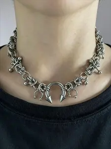 Vintage Stainless Steel Punk Chain Necklace, Unisex Non-Fading Round Ring Pendant, Trendy Street Style Jewelry for Parties, Stainless Steel Choker, Streetwear Statement Jewelry, Stainless Steel Necklaces
